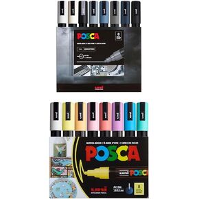 حزمة علامات posca ، 16 علامة طلاء متوسطة 5M - 8 نغمات أحادية + 8 نغمات ناعمة
