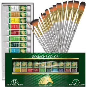 Myartscape Supplies مجموعة الطلاء - أنابيب الطلاء Gouache 12 × 12mL - مقاومة للتهوية - حمولة صباغ عالية - مع مجموعة متميزة من 15 فرشًا فنيًا قصير المقبض للألوان المائية والأكريليك والزيت