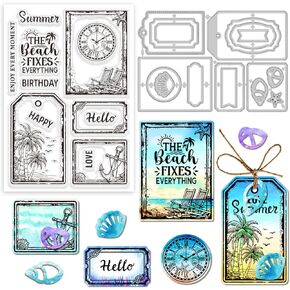 Globleland 2PCS Summer Beach Label Clear Stamps و Dies Dies Silicone Clear Stamps بطاقات وقطع تموت المعادن لصنع البطاقات و DIY scrapsing scrapsing