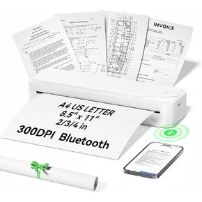 Portable Printers Wireless for Travel, Inkless Thermal Printer Support 8.5" X 11" US Letter & A4 Size, Mobile Bluetooth Printer Compatible with iOS, Android & Laptop for Home Office Car (White)