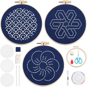 ORIGACH 3 Set Sashiko kit with Template for Beginners Adults, Wall Hanging Sashiko Practice Project Kit Including Thread, Needles, Fabric and Hoop Hand Sewing Craft for Housewarming Gift
