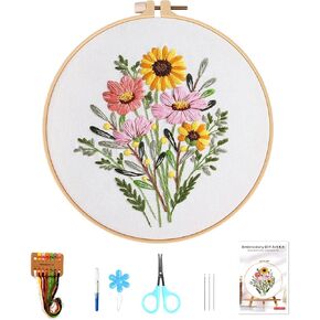 Beginner Embroidery Kit for Adults, Cross Stitch Starter Kits for Adult Hand Craft Lover with Stamped Floral Pattern,Hoop,Color Threads,Tools & Instructions, DIY Embroidery Skill Techniques