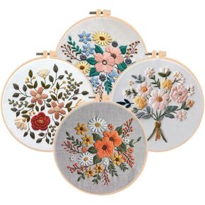Huacan Embroidery Kits Flower for Adults Beginner 4 Pcs DIY Cross Stitch Stamped Flowers Pattern Stitching Sewing Kit 7.9 x 7.9 Inch