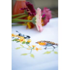 Vervaco Embroidery Kits Cross Stitch Table Runner DIY Kit, Tablecloth to Embroider with Embroidery Image in Modern Design, Cotton and Embroidery Thread, 16 x 40 Inches, Songbirds