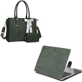 MOSISO Embossed Retro Hibiscus PU Leather Portfolio Protective Stand Cover&Laptop Tote Bag, 17-17.3 inch PU Leather Embossed Retro Hibiscus Computer Bag with Silk Scarf&Clutch Purse, Emerald Green