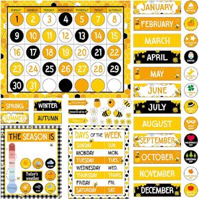 Bee Calendar Bulletin Board Set for Classroom Decoration Bee Theme Calendar Seasons Weather Chart Bulletin Board Supplies for Teachers Elementary School Classroom Decor Kindergarten