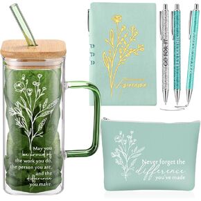 Abbylike 6 Pcs Employee Appreciation Gift for Women May You Be Proud 14oz Aesthetic Glass Tumbler with Handle Makeup Bag Journal Ballpoint Thank You Gift for Teacher Nurse Volunteer Secretary(Green)