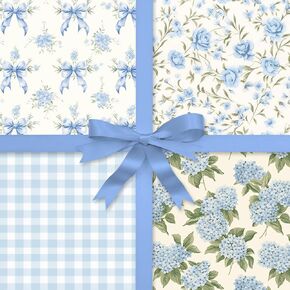 Whaline 8 Sheets Blue Bow Floral Wrapping Paper - Not Roll - Watercolor Plaid Hydrangea Gift Wrap Paper Folded Flat for Birthday Wedding DIY Crafts, 19.7 x 27.6 Inch