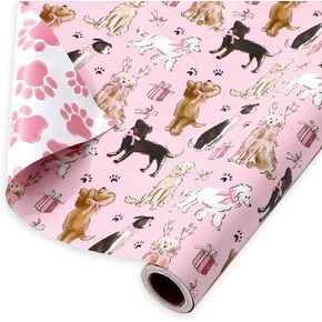 FYSUIMU Cute Dog with Bow Wrapping Paper -Mini Roll- 17 In x 32.8 Ft Puppy Dog Paw Print Double Sided Gift Wrap Paper for Holiday Birthday Baby Shower Party