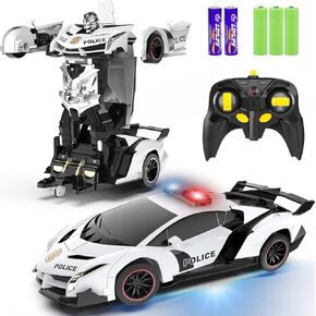 Remote Control Car - Transforming Toy Car Robot, One-Button Deformation with Flashing Lights 2.4GHz 1:18 Scale Transforming Police Car with 360-Degree Rotation Toys for Boys and Girls