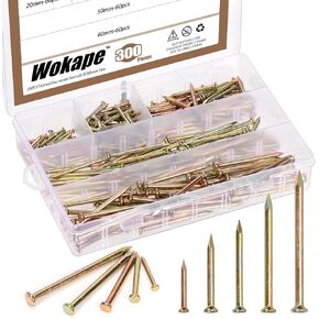 300Pcs Steel Nails Assortment Kit, 20MM 30MM 40MM 50MM 60MM White Galvanized Hardware Nails Cement Nails for Hanging Pictures, Wall Nails, Wood Nails, Finishing Nails, Household and DIY
