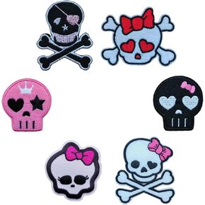 6 PCS Lovely Cartoon Skull Embroidered Iron On Patches Girl Skull Halloween Jacket Backpack Fabric Badge, Black and White