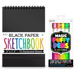 OOLY DIY Cover Small Sketchbook, 5 x 7.5 Inches, Black Paper & Magic Puffy Pens, Puffy Popcorn Drawing Pens Set of 6 Neon Colors with 3D Ink, Fun Art Supplies for Drawing & Coloring