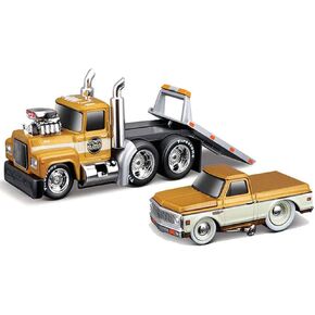 1980 A685st Flatbed Truck Gold Metallic with Beige Stripes & 1972 Chevy C10 Pickup Truck Gold Metallic and Beige Muscle Transports Series 1/64 Diecast Models 115555Grn