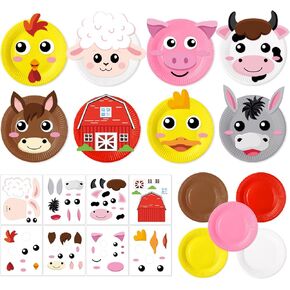 24 Set Paper Plate Art Kit Farm Animal Theme Cutouts with 5 Colors Disposable Round Plate for DIY Crafts Preschool Classroom Party Games