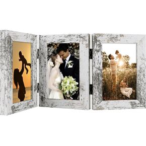 Golden State Art, 4x6 Three Picture Frame Trifold Hinged Photo Frame with 3 Openings, Desk Top Family Picture Collage, with Real Glass (4x6 Triple, Beige, 1-Pack)