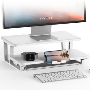 White Monitor Stand Riser 2 Tier ، جهاز مراقب للمكتب مع حامل الهاتف وإدارة الكابلات -2 مستويات مراقب