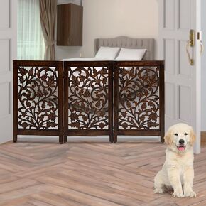 Eco Craft Wooden Tall Indoor Gate للكلاب والحيوانات الأليفة Walnut Brown Color (54 "W × 24" H) بوابة الخشب الصلبة القابلة للطي للاستخدام في المنزل | 3 لوحة بوابة خشبية أنيقة للمدخل ، الدرج