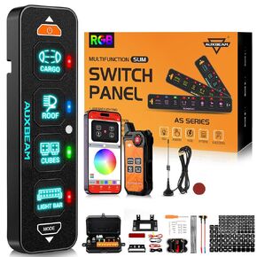 لوحة مفاتيح Auxbeam 6 Gang Slim Switch Bluetooth RGB AS-600 مع تطبيق وجهاز تحكم عن بعد لاسلكي لتبديل مؤقت نابض قابل للتعتيم، صندوق تبديل بإضاءة خلفية لشاحنة الطرق الوعرة مقاومة للماء، ضمان لمدة عامين