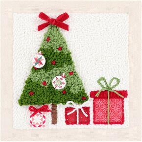 Kimberbell Punch Needle Plus Kit – Christmas Morning - DIY Holiday Craft Kit with Tool, Monks Cloth, Frame, Buttons & Yarn – Christmas Tree Punch Needle Embroidery