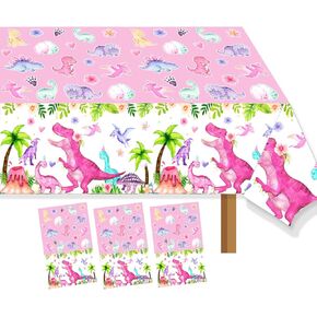 ألوان مائية للحفلات الحفلات الجدول قطعة قماش وردي ديناصور عيد ميلاد tablecover tablecloth T-Rex Dinosaur Party Supplies Decorations for Baby Girls 1st 3rd 10th Dino Bday Decor (3ps)