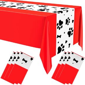 Oudain 6 Pcs Paw Print Plastic Tablecloths Disposable Rectangle Bone Sign Large Table Covers for Dog Theme Birthday Party Decorations Boy Girl Puppy Pet Dog Cat Party, 54x108 Inch(Red)