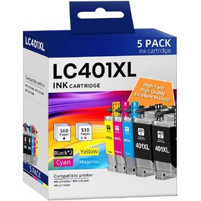 LC401XL Ink Cartridges High Yield Compatible for Brother LC401 LC401XL LC401 XL Ink Cartridge Works with Brother MFC-J1010DW MFC-J1012DW MFC-J1170DW Printer (5 Pack, 2BK/C/Y/M)