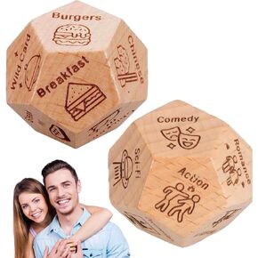 Boan Date Night Dice للأزواج (2pc) - قرار خشبي من 12 جانبًا نرد لخيارات الطعام والأفلام | هدايا عيد ميلاد الذكرى السنوية لعيد الحب لها ، زوجة ، زوجها