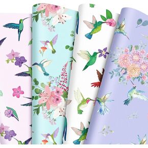 Hoisumma Hummingbird Wrapping Paper 12 Sheets Colortull Flower Bird Gift Wrap Floral Diy Crafts Happy Mother's Buket Packaging for Mom Women Girl Birthday Anniversary Anniversary Shotgiving