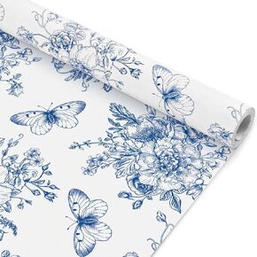 1 roll Black White Floral Wrapp Paper Retro Flowers Butterfly Printed Gaft Paper for Wedder Bridal Dame Birthday Supplies DIY Craft Forms ، 17 Inges × 33 Fed (Blue)