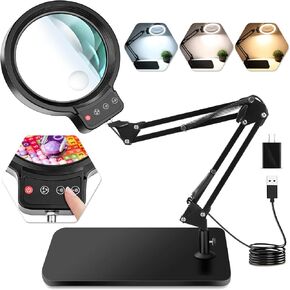 10X 30X Large Magnifying Glass with Light and Stand, 5-inch Lighted Magnifier, 72 LED 3 Color Modes Stepless Dimmable, Hands-Free Magnifying Glass Desk Lamp for Reading Craft Hobby Close Work Reading