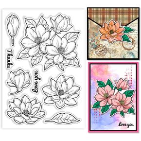 GLOBLELAND Magnolia Clear Stamps Flowers Blessings Silicone Clear Stamp Plants and Leaves Transparent Stamps for DIY Scrapbooking and Cards Making Photo Album Journal 6.3x4.33inch