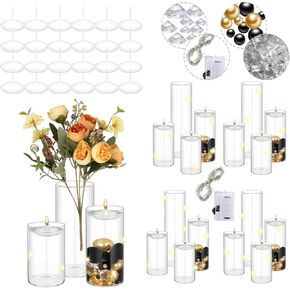Zeyune 16 Set Glass Cylinder Vases for Centerpieces with 10000 Clear Water Filler Gel Beads 24 Floating Candles 132 Pearl and Diamond 8 Pcs Light String for Wedding Home Table Decoration (Black, Gold)