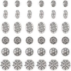 Pandahall 48Pcs Antique Silver Tibetan Style Flower Spacer Beads - 6 Style Alloy Rondelle Flat Round Oval Loose Metal Beads for Bracelet Necklace Earring Jewelry Making