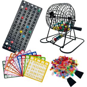Deluxe Bingo Game Set,Bingo Set Includes Metal Cage,600 Mixed Color Plastic Chips,100 Large Cards,75 Bingo Balls,Plastic Masterboard, 2 Velvet Bag,Great for Adults Large Group and Parties