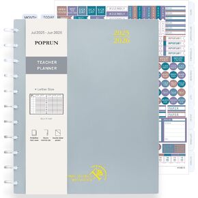 Poprun Teacher Planner 2025-2026 ، (حجم الحرف المرتبط بالقرص-8.5 '× 11' '') مخطط درس أكاديمي (يوليو 2025-يونيو 2026) مع علامات تبويب شهرية ، جيبان على الوجهين ، غلاف للمعلمين ، cornflower