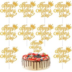 10pcs كعكة عيد الأم السعيد ، قبعات كب كيك بريق الذهب ، زخارف كعكة تصميم القلب اللامعة لتوصيلات كعكة الحفلات التي تحمل عنوان عيد الأم.