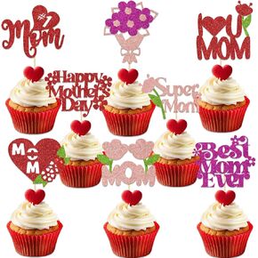 24 PCS Mothers Day Cupcake Topcake Topcake Mothers Decorts for Party I Love You Mom Party Decor Supplies