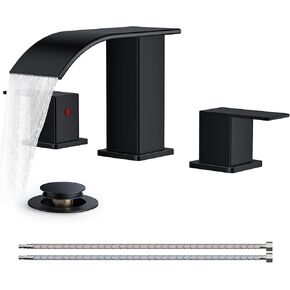 FORIOUS Black Bathroom Faucets 3 Hole, Waterfall Square 8 Inch Widespread Bathroom Sink Faucet with Metal Pop-up Drain and Supply Lines, Two Handles for Vanity, RV, Farmhouse Remodel