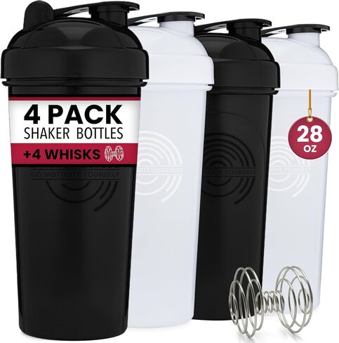 GOMOYO 4-Pack - 28 Ounce Protein Shaker Bottle for Mixes, 4xWire Whisk, Leak Proof Bulk Supplement Mixes and Pre-Workout Shaker Cups, Dishwasher Safe & BPA Free, Black,White, Navy & Moss in Saudi Arabia