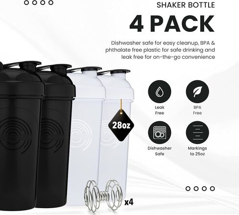 GOMOYO 4-Pack - 28 Ounce Protein Shaker Bottle for Mixes, 4xWire Whisk, Leak Proof Bulk Supplement Mixes and Pre-Workout Shaker Cups, Dishwasher Safe & BPA Free, Black,White, Navy & Moss in Saudi Arabia