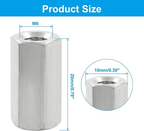 6Pcs M6 x 1-Pitch 20mm Length Metric Hex Coupling Nuts 304 Stainless Steel Polishing Rod Coupling Nuts for Home Garage Repairs (10mm Hex Width) in Kuwait