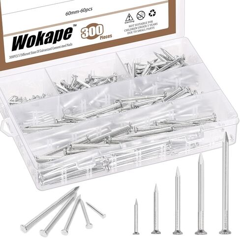 300Pcs Steel Nails Assortment Kit, 20MM 30MM 40MM 50MM 60MM White Galvanized Hardware Nails Cement Nails for Hanging Pictures, Wall Nails, Wood Nails, Finishing Nails, Household and DIY in Kuwait