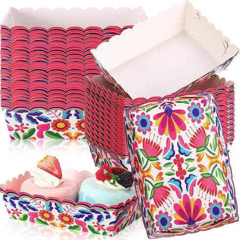 50 Pcs Mexican Paper Food Trays Fiesta Snack Trays Disposable Taco Food Boat Nacho Hot Dog Popcorn Serving Holder for Mexican Birthday Party Supplies Decorations(Flower) in Saudi Arabia