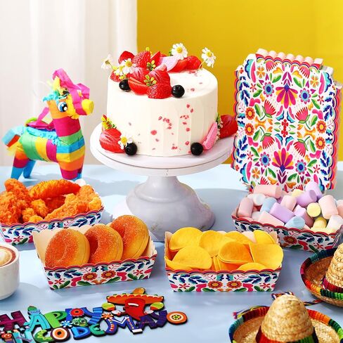 50 Pcs Mexican Paper Food Trays Fiesta Snack Trays Disposable Taco Food Boat Nacho Hot Dog Popcorn Serving Holder for Mexican Birthday Party Supplies Decorations(Flower) in Saudi Arabia
