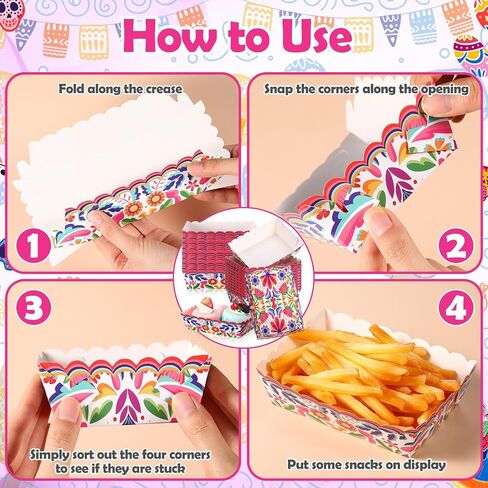 50 Pcs Mexican Paper Food Trays Fiesta Snack Trays Disposable Taco Food Boat Nacho Hot Dog Popcorn Serving Holder for Mexican Birthday Party Supplies Decorations(Flower) in Saudi Arabia