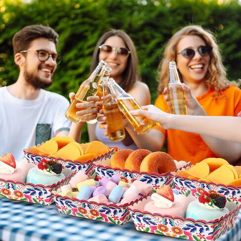 50 Pcs Mexican Paper Food Trays Fiesta Snack Trays Disposable Taco Food Boat Nacho Hot Dog Popcorn Serving Holder for Mexican Birthday Party Supplies Decorations(Flower) in Saudi Arabia