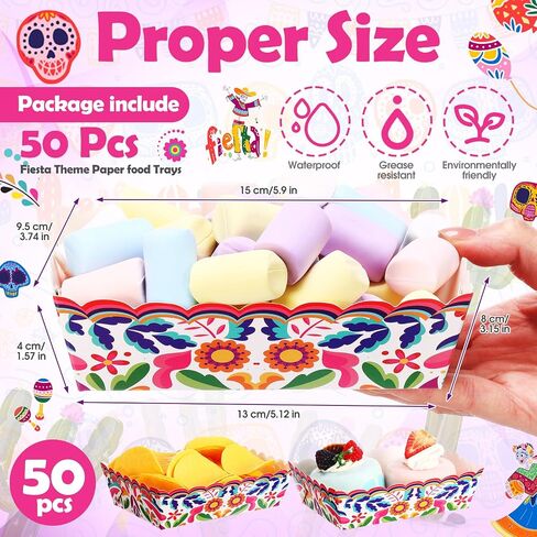 50 Pcs Mexican Paper Food Trays Fiesta Snack Trays Disposable Taco Food Boat Nacho Hot Dog Popcorn Serving Holder for Mexican Birthday Party Supplies Decorations(Flower) in Saudi Arabia