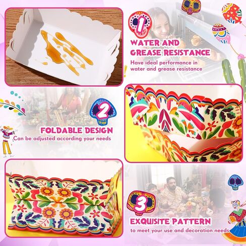 50 Pcs Mexican Paper Food Trays Fiesta Snack Trays Disposable Taco Food Boat Nacho Hot Dog Popcorn Serving Holder for Mexican Birthday Party Supplies Decorations(Flower) in Saudi Arabia