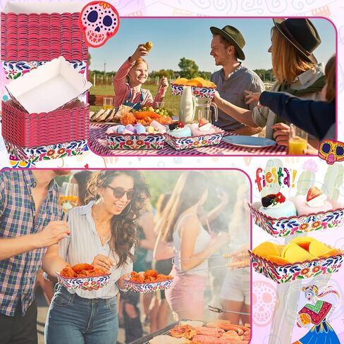 50 Pcs Mexican Paper Food Trays Fiesta Snack Trays Disposable Taco Food Boat Nacho Hot Dog Popcorn Serving Holder for Mexican Birthday Party Supplies Decorations(Flower) in Saudi Arabia
